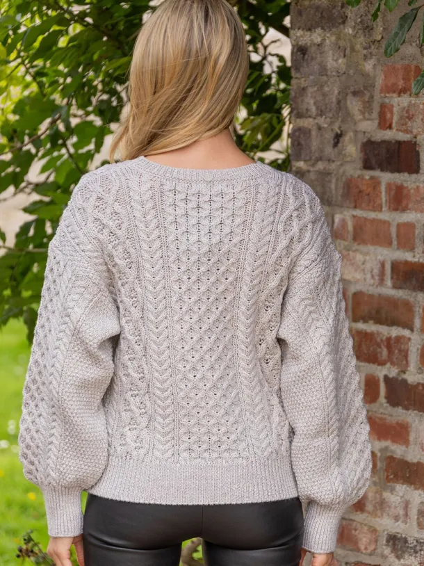 Honeysuckle Cropped Aran Sweater Silver Marl