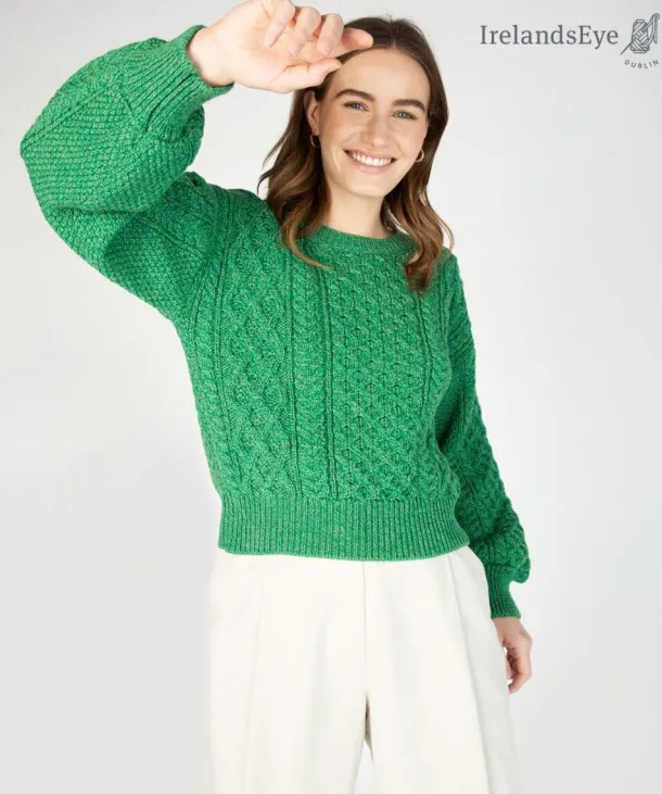 Honeysuckle Cropped Aran Sweater Green Marl