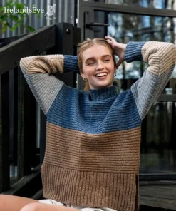 IrelandsEye Knitwear Iris Contrast Panel Funnel Neck Sweater Seaspray Biscuit