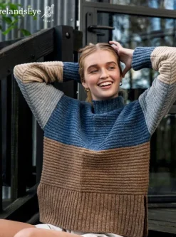IrelandsEye Knitwear Iris Contrast Panel Funnel Neck Sweater Seaspray Biscuit