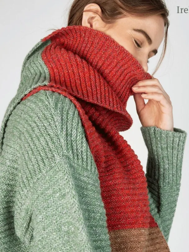 IrelandsEye Knitwear u2018Elderu2019 Contrast Panel Scarf Apple Sunset
