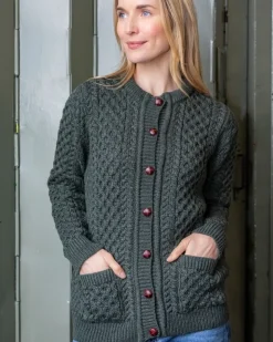 Irish Aran Cardigan Army Green