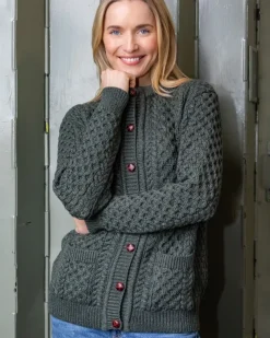 Irish Aran Cardigan Army Green