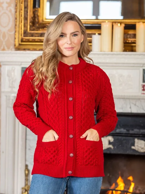 Irish Aran Cardigan Red