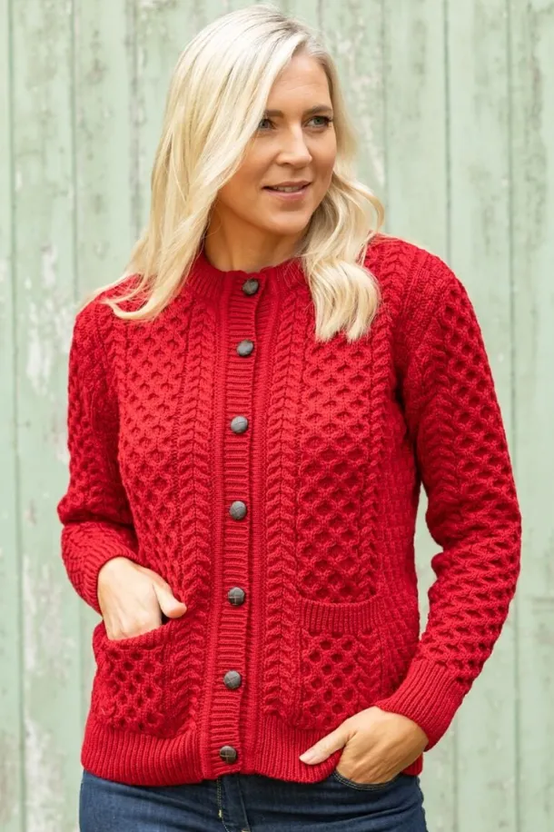 Irish Aran Cardigan Red