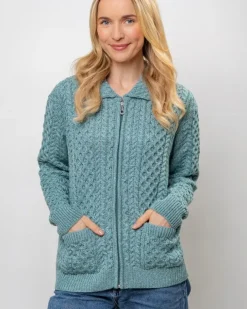 Irish Aran Cardigan with Zip - Aqua