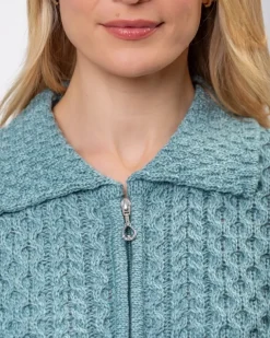 Irish Aran Cardigan with Zip - Aqua