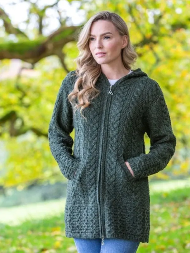 Irish Aran Hooded Coat Army Green