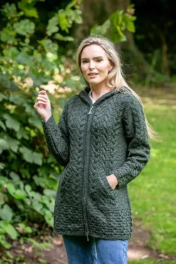 Irish Aran Hooded Coat Army Green