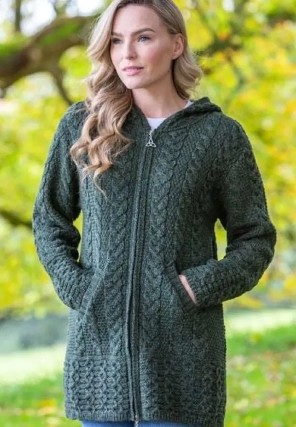 Irish Aran Hooded Coat Army Green