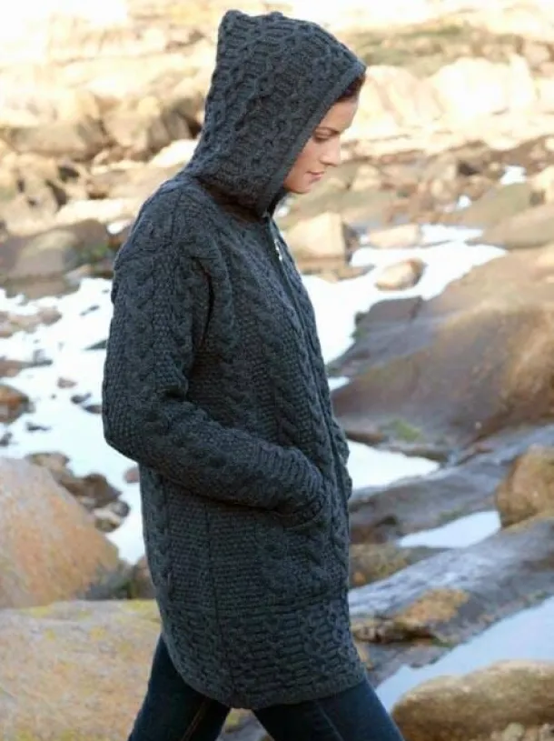 Irish Aran Hooded Coat Charcoal