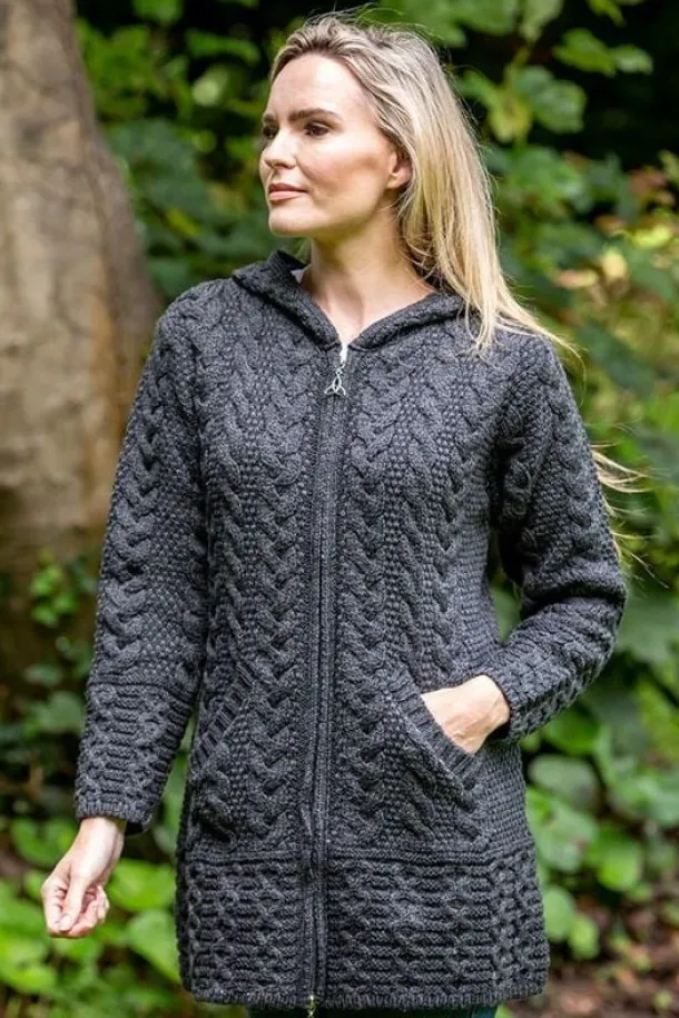 Irish Aran Hooded Coat Charcoal