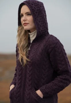 Irish Aran Hooded Coat Damson
