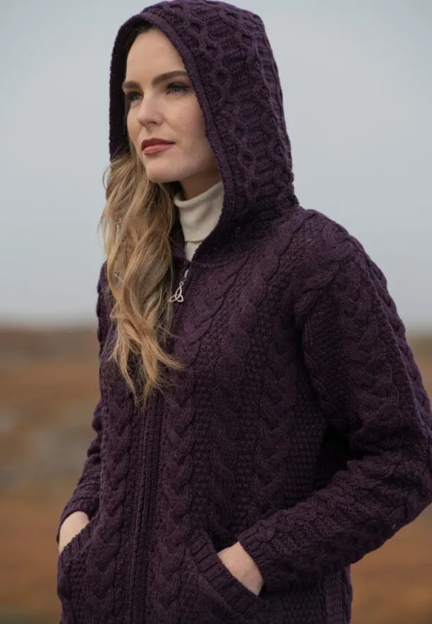 Irish Aran Hooded Coat Damson
