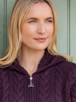 Irish Aran Hooded Coat Damson