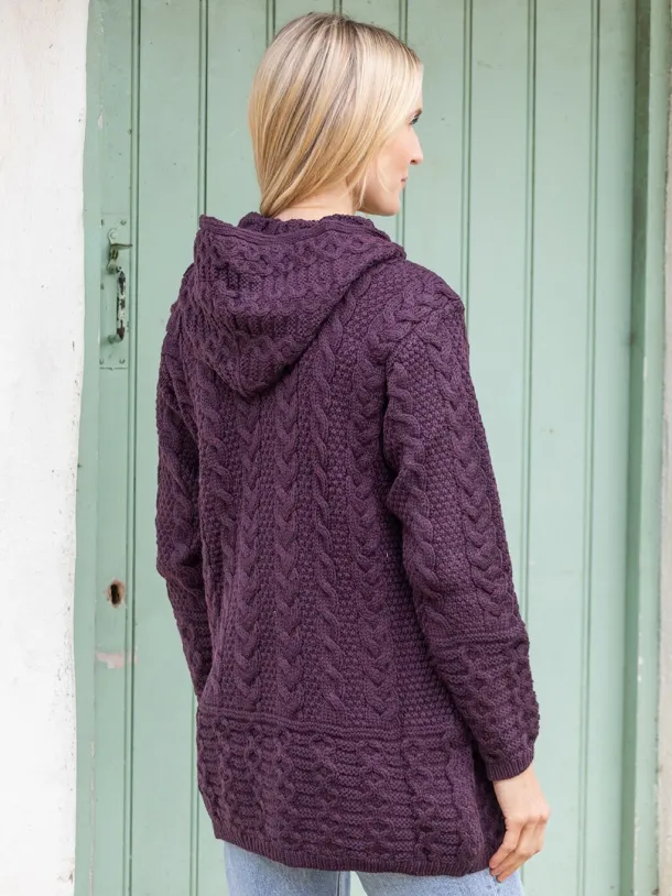 Irish Aran Hooded Coat Damson