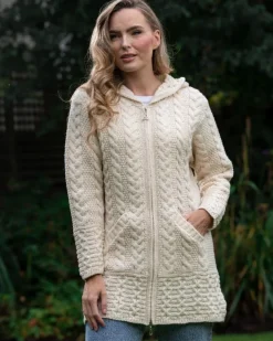 Irish Aran Hooded Coat Natural