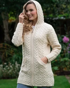 Irish Aran Hooded Coat Natural