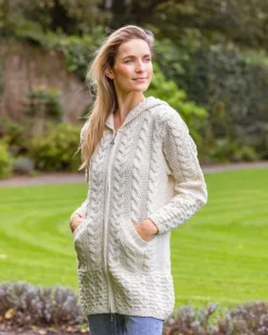 Irish Aran Hooded Coat Natural