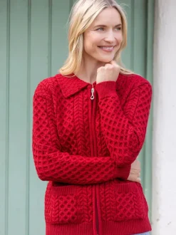 Irish Aran Zip Cardigan with Collar - Red