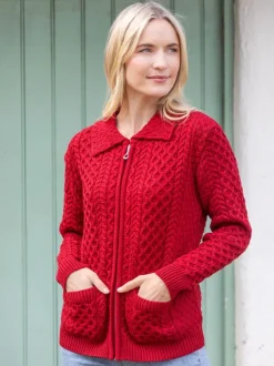 Irish Aran Zip Cardigan with Collar - Red