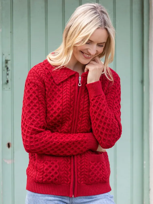 Irish Aran Zip Cardigan with Collar - Red