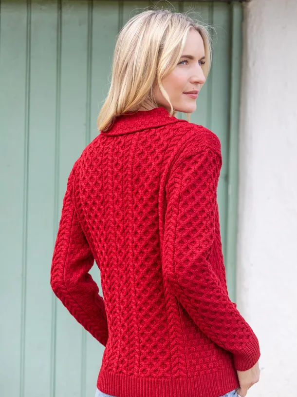 Irish Aran Zip Cardigan with Collar - Red