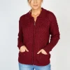Irish Aran Zip with Collar Raspberry