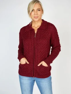 Irish Aran Zip with Collar Raspberry