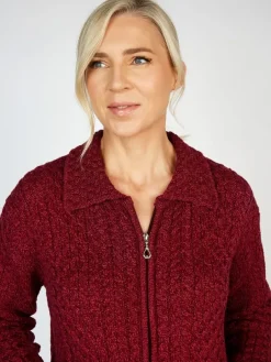 Irish Aran Zip with Collar Raspberry