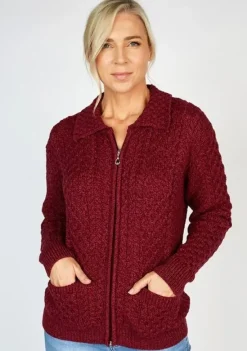 Irish Aran Zip with Collar Raspberry