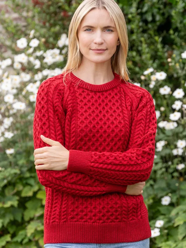 Ladies 100% Merino Wool Aran Sweater Red