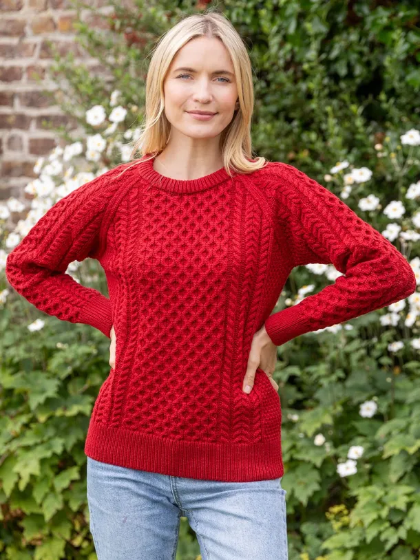 Ladies 100% Merino Wool Aran Sweater Red