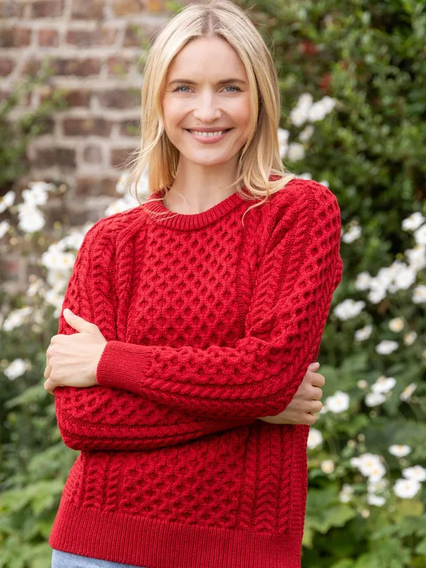 Ladies 100% Merino Wool Aran Sweater Red