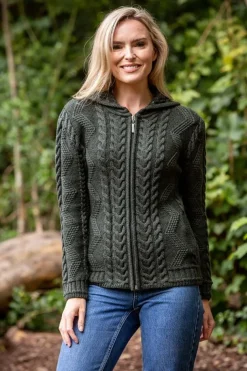 Ladies Aran Hooded Cardigan With Cladagh Zip