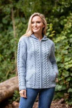 Ladies Aran Hooded Cardigan With Cladagh Zip