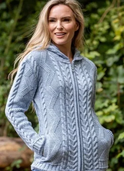 Ladies Aran Hooded Cardigan With Cladagh Zip