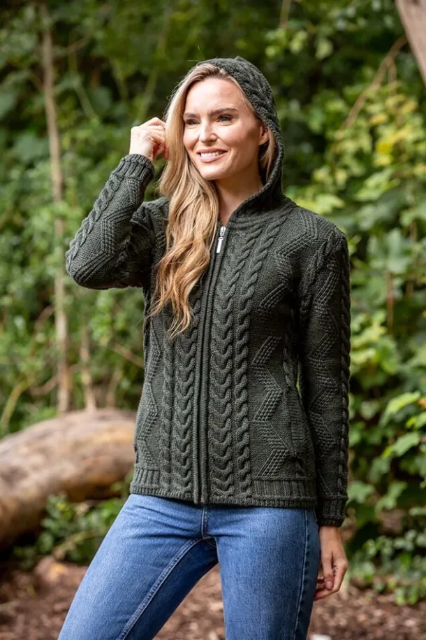 Ladies Aran Hooded Cardigan With Cladagh Zip
