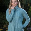 Ladies Aran Turtleneck Zip Aqua