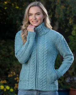 Ladies Aran Turtleneck Zip Aqua