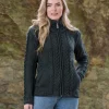 Ladies Aran Turtleneck Zip Cardigan - Army Green