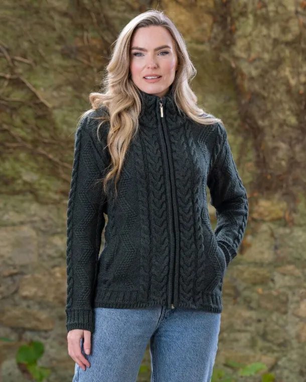 Ladies Aran Turtleneck Zip Cardigan - Army Green