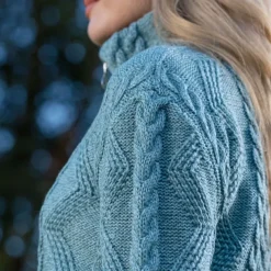 Ladies Aran Turtleneck Zip Aqua