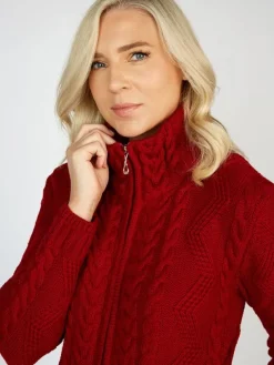 Ladies Aran Turtleneck Zip Cardigan Red