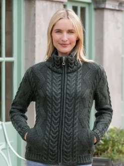 Ladies Aran Turtleneck Zip Cardigan - Army Green