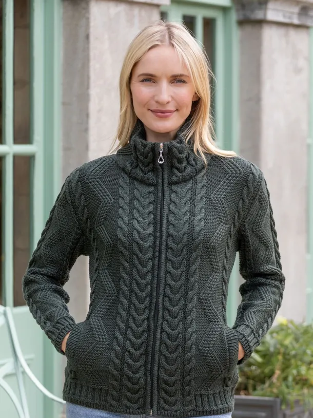Ladies Aran Turtleneck Zip Cardigan - Army Green
