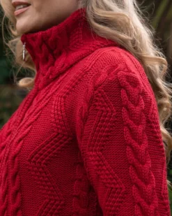 Ladies Aran Turtleneck Zip Cardigan Red