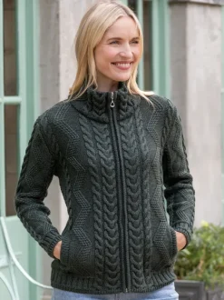 Ladies Aran Turtleneck Zip Cardigan - Army Green
