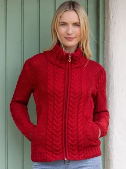 Ladies Aran Turtleneck Zip Cardigan Red