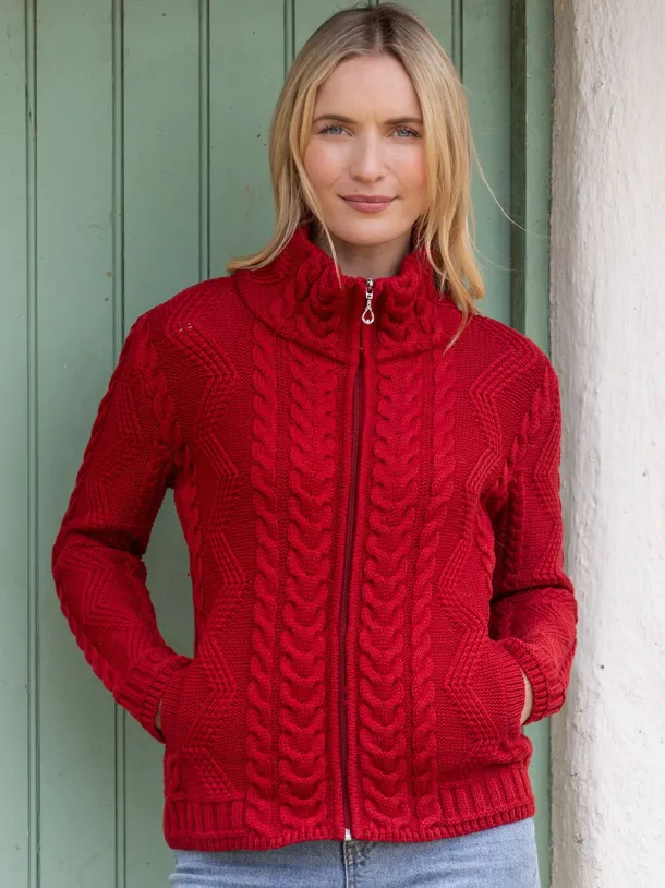 Ladies Aran Turtleneck Zip Cardigan Red